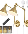 Brushed Brass Plug In Wall Sconce With Remote, Dimmable LED, Swing Arm, Adjustable Color Temperature 2700K To 6500K, UL Listed, 2 Pack With 2 Bulbs Ready To Install, displayed with remote, bulbs, and color settings.