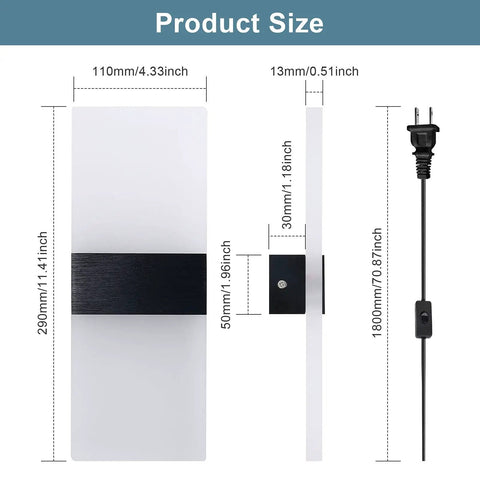 Product dimensions for Plug In Wall Light Sconce With Adjustable Color Temperature, 12W Indoor Lamp, 3 Color Temperatures, 2 Pack.