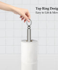 Hand lifting Heavy Duty Free Standing Toilet Paper Holder With Reserve Function, Brushed Nickel, showing top ring design.