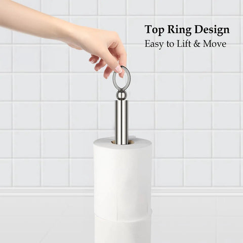 Hand lifting Heavy Duty Free Standing Toilet Paper Holder With Reserve Function, Brushed Nickel, showing top ring design.