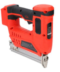 No Sweat Garage Grade Brushless Cordless Brad Nailer With Rapid Single Contact Firing Mode For Smooth Nail Driving and Heavy Duty Woodworking. Red design with aluminum base.