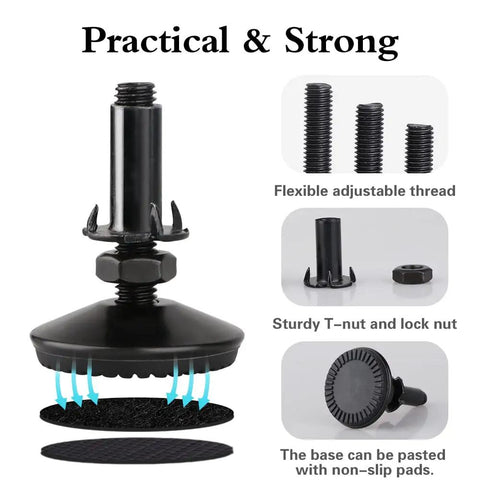 4 Pack M10 Adjustable Leveling Feet For Cabinets, Tables And Chairs, Heavy Duty Self Leveling Furniture Levelers With T Nut, Screw On Feet, 2 Inch Base Diameter, Long Thread, Black Finish, Includes Anti Slip Pads For Wood, Tile, And Concrete Floors.