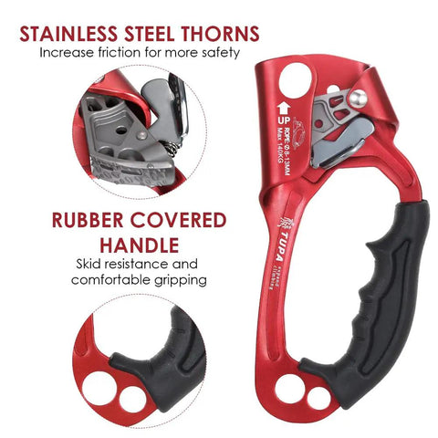 Climbing Hand Ascender For Rope Access 8-13mm With Ergonomic Rubber Handle CE Certified shown in red with close-up details