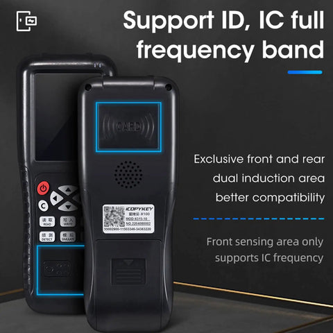 ID Card Duplicator And Copier Dope Kit With Decode Function For Smart Cards And NFC, black device front and back view