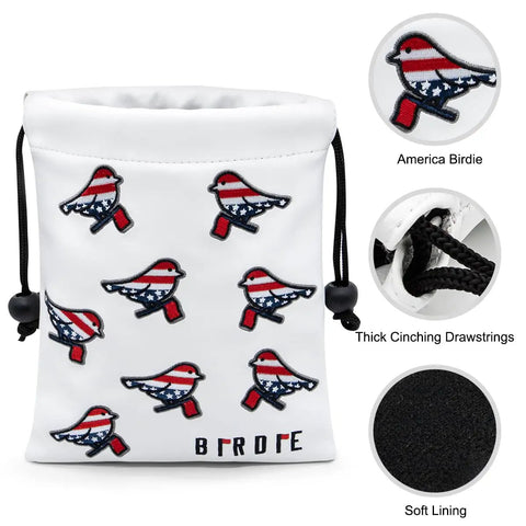 Premium Leather Golf Pouch With Drawstring Closure For Balls And Tees, USA Birdie design shown on durable PU leather case for golf accessories