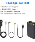 All In One Portable Power Bank With 12V 9V And 5V Outputs 10500mAh USB Quick Charge AC DC Charger with cables and battery pack.