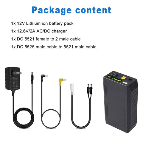 All In One Portable Power Bank With 12V 9V And 5V Outputs 10500mAh USB Quick Charge AC DC Charger with cables and battery pack.