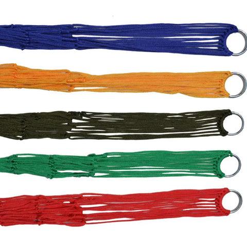 Five colorful nylon mesh hammocks with metal loops, including Outdoor Nylon Rope Hammock Swing With Mesh Seat, Vibrant Orange