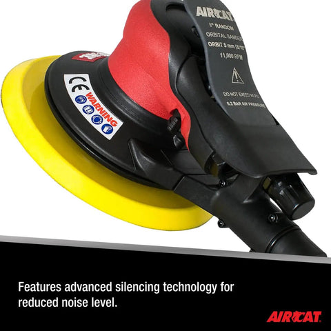 Close-up of Self-Vacuum Orbital Palm Sander With Anti-Vibration Air Motor Ultra Low Noise DBA 11,000 RPM with yellow sanding pad