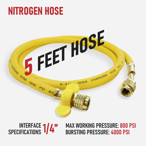 5-foot nitrogen hose with 1/4 inch interface, max working pressure 800 PSI, bursting pressure 4000 PSI