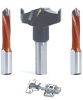 Precision Brad Point Boring Bits And Dowel Drill Bits 8mm X 57mm with carbide tips, showcased with hinge for woodworking.