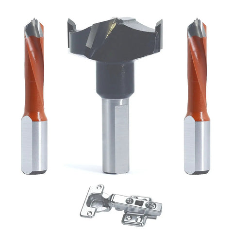 Precision Brad Point Boring Bits And Dowel Drill Bits 8mm X 57mm with carbide tips, showcased with hinge for woodworking.