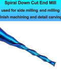 Beefy Down Cut Router Bit 1/16 Inch Cutting Diameter 1/4 Inch Shank Solid Carbide End Mill With Nano Blue Coating for wood cutting.