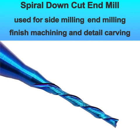 Beefy Down Cut Router Bit 1/16 Inch Cutting Diameter 1/4 Inch Shank Solid Carbide End Mill With Nano Blue Coating for wood cutting.