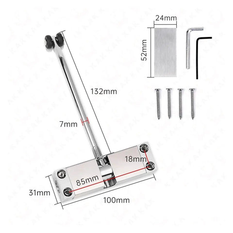Stainless Steel Automatic Spring Door Closer Closing Device For Furniture Hardware Adjustable Fit For A Variety Of Doors No Fuss Easy Install Durable Indoor Door Hardware Soft Close Action Silver Finish with measurements and screws