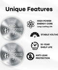 Two Pack CR2032 Key Fob Batteries For Porsche Quick Clean Swap with high power, stable voltage, 10-year shelf life, and anti-leak features