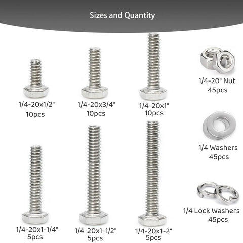 LUPANTER 180-pc stainless steel nuts and bolts kit in plastic box; includes 1/4-20 hex bolts, washers, lock washers.