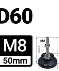 Beefy Adjustable Lathe Leg Leveling Feet Kit With 60mm Diameter Threaded Pads, M8 size, showing dimensions and swivel base