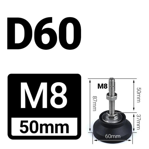 Beefy Adjustable Lathe Leg Leveling Feet Kit With 60mm Diameter Threaded Pads, M8 size, showing dimensions and swivel base