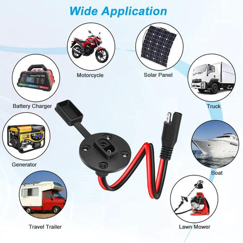 Beefy Weatherproof SAE Connector Power Cable Set 12AWG Extension with sidewall port, suitable for solar panels, battery chargers, and more
