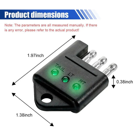 4 Pin Trailer Plug Tester With LED Indicators, black ABS plastic, 1.97 x 1.38 x 0.38 inch dimensions