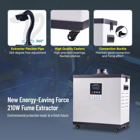Heavy Duty Laser Welding Fume Extractor Featuring Badass H13 HEPA Filters And Deep Carbon Scrubbing, showcasing flexible pipe and casters.