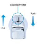 Tub Spout With Front Pull Up Diverter In Chrome Finish showing pull and push directions for half inch threaded pipe connections