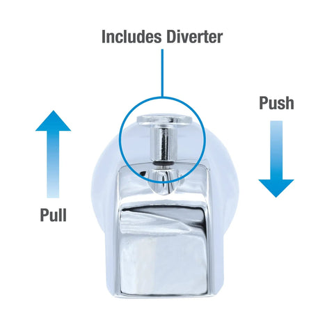 Tub Spout With Front Pull Up Diverter In Chrome Finish showing pull and push directions for half inch threaded pipe connections