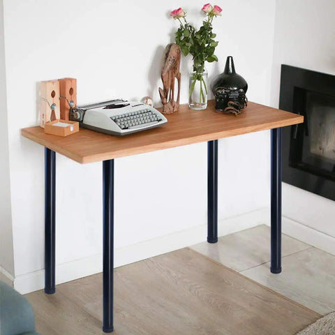 Wooden table with Adjustable 28 Inch Metal Desk Legs Set Of 4 In Heavy Duty Black Finish For Office Desks And Tables One Point Five Inch Diameter Height Adjusts About Point Seven Inch Includes Mounting Plates And Screws For Easy DIY