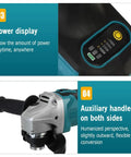 Power display and auxiliary handles of Heavy Duty Brushless Angle Grinder Featuring Four Variable Speed Modes And A Rock Solid Grip.