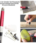 Air Powered Micro Die Grinder Set 65,000 RPM Pneumatic Pencil Grinder With Wrench in use on various surfaces