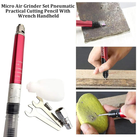 Heavy Duty Pneumatic Pencil Grinder Sixty Five Thousand Rpm Air Powered Micro Die Tool With Ball End Wrench One Handed One Eighth Inch Capacity for detailed grinding on metal and wood.