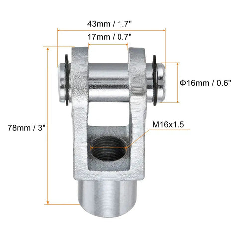 Air Cylinder Rod Clevis End Y Connector Kit 2 Pack 78mm Length M16x1.5 Female Thread Silver Finish Durable Low Carbon Steel Built To Last For Automatic Equipment And Pneumatic Actuator Linkages, front view with 16mm pin