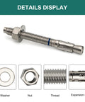 Three Eighths Inch By Three And Three Quarters Inch Concrete Anchors 25 Pack Stainless Steel Wedge Bolts with washer and nut display