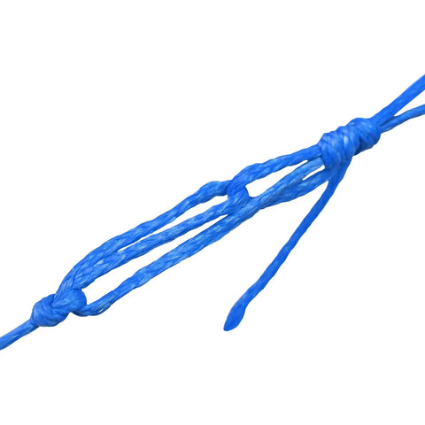 Close-up of blue 100 Ft UHMWPE Braided Cord 2mm spliceable utility line with knot for camping tents and tarps