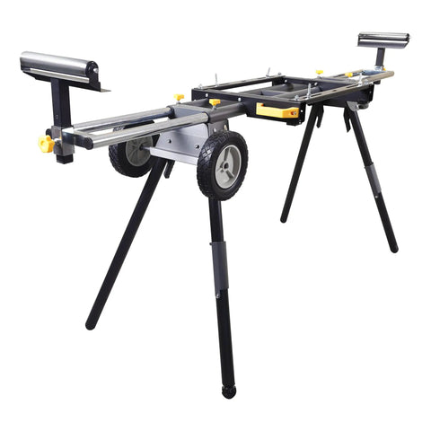 Heavy Duty Rolling Miter Saw Stand With Extending Support Arms And Smooth Eight Inch Wheels For Quick Hookup And No Hassle Shop Moves Holds Up To Three Hundred Thirty Pounds On Black Grey Frame