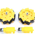 Mecanum wheel pair (80mm) yellow with black rollers and two yellow TT motors for DIY robot car