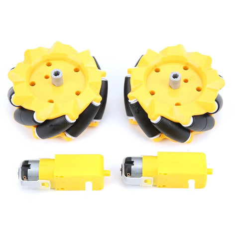 Mecanum wheel pair (80mm) yellow with black rollers and two yellow TT motors for DIY robot car
