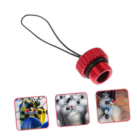 Red Two Pack Scuba Air Tank Valve Cover Protectors Lightweight Durable Valve Caps For Scuba Gear Shield Your Tank From Dings And Debris Easy On And Off Perfect For Long Dive Sessions with strap, three tanks shown with protectors in use