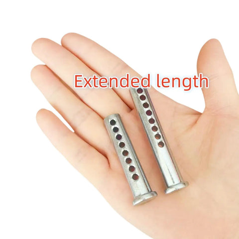 Hand holding two galvanized pins from Adjustable Porous Clevis Pin Kit With Spring Steel 8 Hole Pin And R Clip, Galvanized Extended 7 16 Inch Diameter