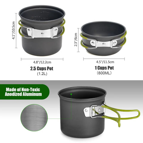 Anodized aluminum nonstick pots from 8 Piece Camping Cookware Mess Kit With Mini Backpacking Stove, size 1.2L and 600ml.