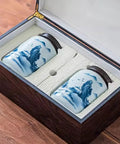 Top Shelf Airtight Ceramic Tea Canister Keeping Freshness Locked Inside Retro Blue And White Landscape Vibes Large Pantry Storage Jar For Coffee Beans in a wooden box.
