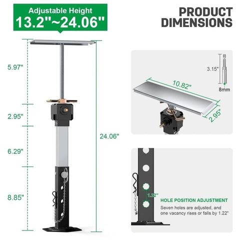 Beefy Heavy Duty RV Slide Out Stabilizer Jacks 13 To 26 Inch Electric Drill Adjustable aluminum gear box dimensions shown