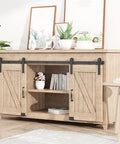 8Ft Small Sliding Barn Door Hardware Kit For Double Doors With Spliced Tracks And Floor Guides installed on a wooden cabinet