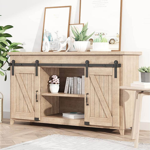 Wooden cabinet with 5 Foot Small Sliding Barn Door Hardware Kit for Double Doors and Cabinets, Ultra Quiet Track System