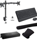 Thunderbolt Dock 130W Bundle With Rock Solid Quad 4K USB-C And Displayport Ports Paired With Sturdy Desk Mount dual monitor stand and ergonomic keyboard.