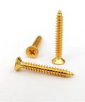 Close-up of Boss Grade Pro Brass Countersunk Flat Head Phillips Self-Tapping Wood Screws M5x16, 10 Pack, showcasing the screws' threads.