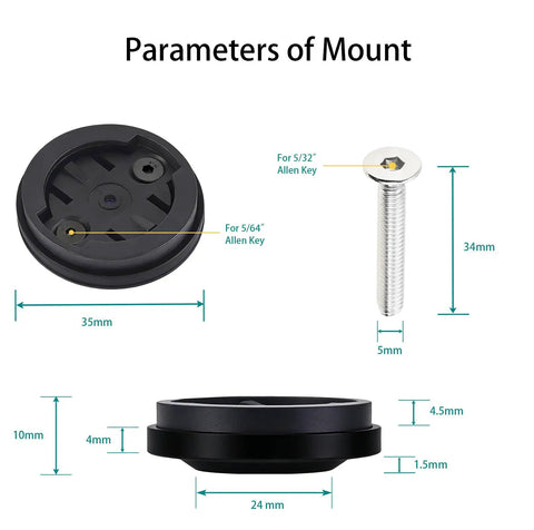 Upgraded Sturdy Bike Computer Mount For Garmin Edge And Wahoo Elemnt Top Cap Mount dimensions and Allen key sizes