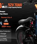 Large capacity battery of the Solid Build 4000 Watt Dual Motor Electric Mountain Bike showcasing 52V 70Ah with 200 mile range.