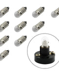 Pack Of Ten Heavy Duty E10 Mini Bulbs Featuring Slick Screw Bases Emitting A Sweet Warm Yellow Ray At 1.5 Volts arranged with a socket.